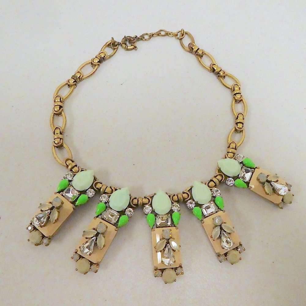 J Crew art deco chunky statement necklace tan green stone crystal gold